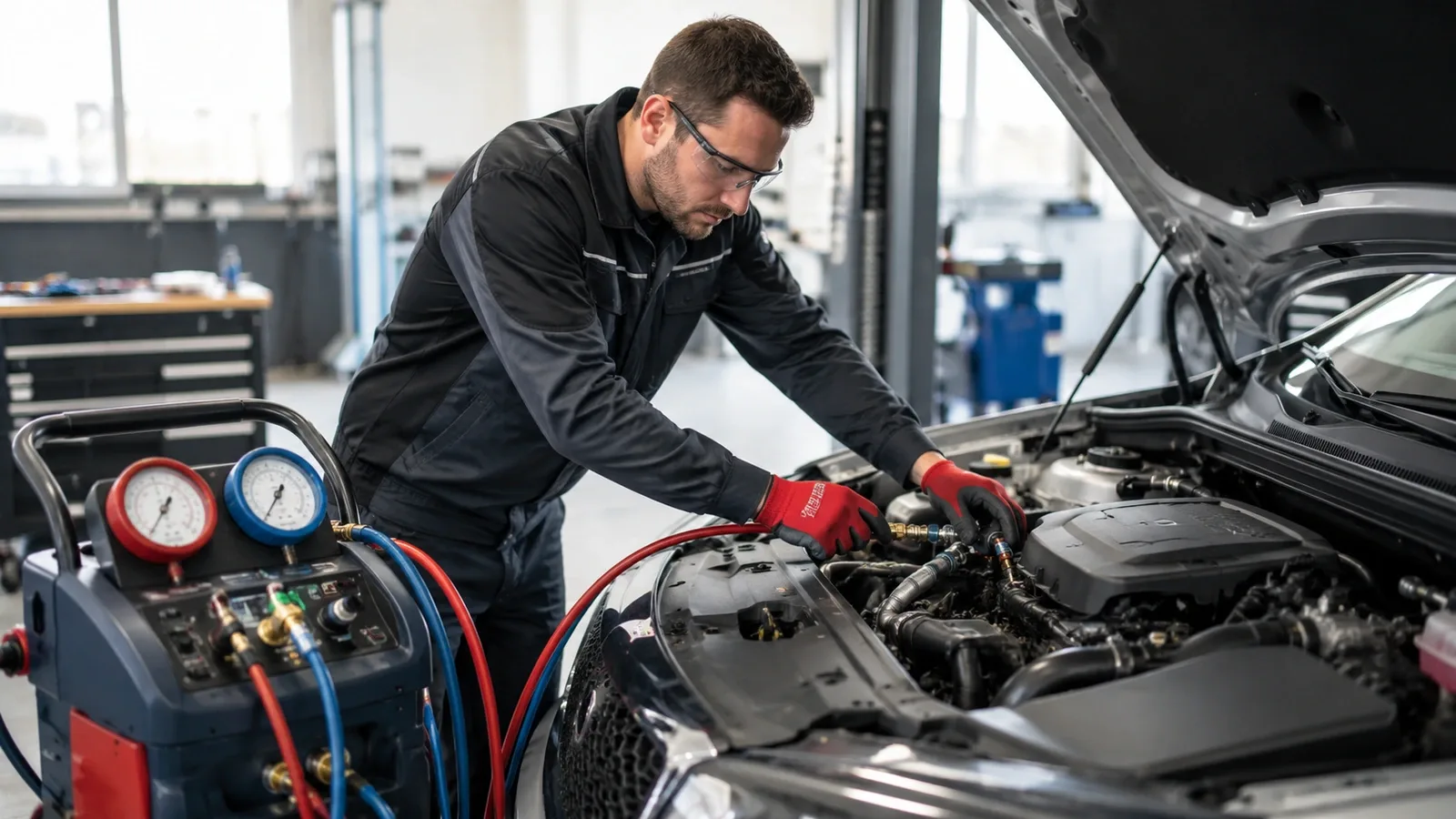 Technician recharging a car air-conditioning system with service equipment