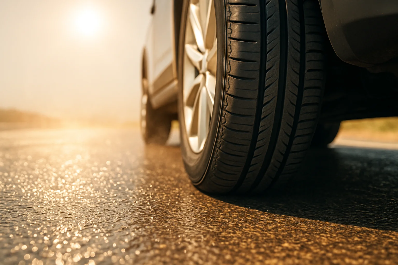 Car tire on hot asphalt during a summer heatwave