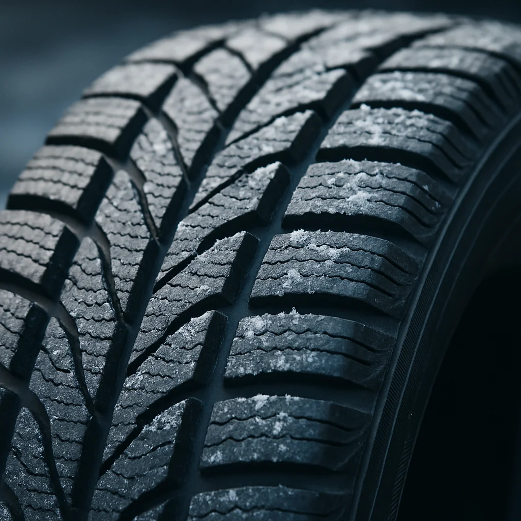 Close-up of winter tire tread with deep grooves