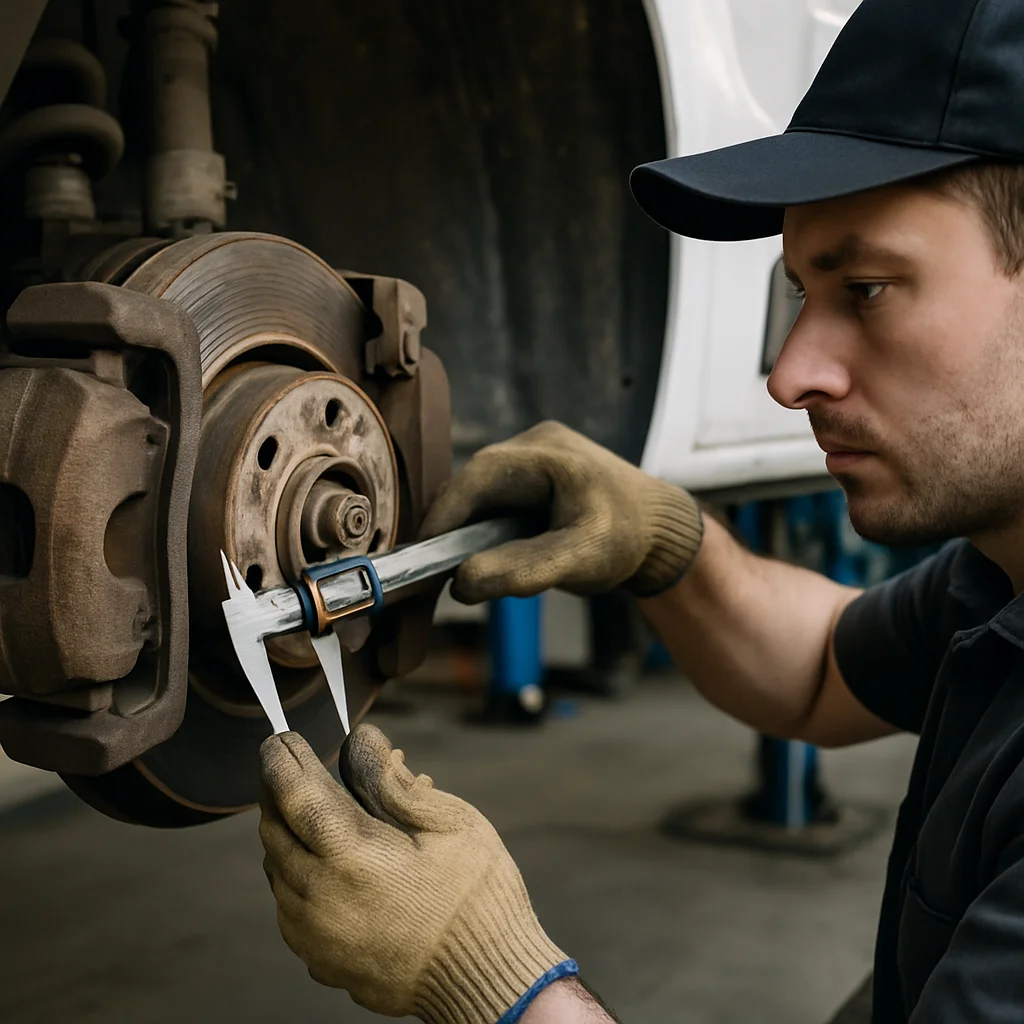 Mechanic measuring brake disc and pad wear on a light commercial vehicle