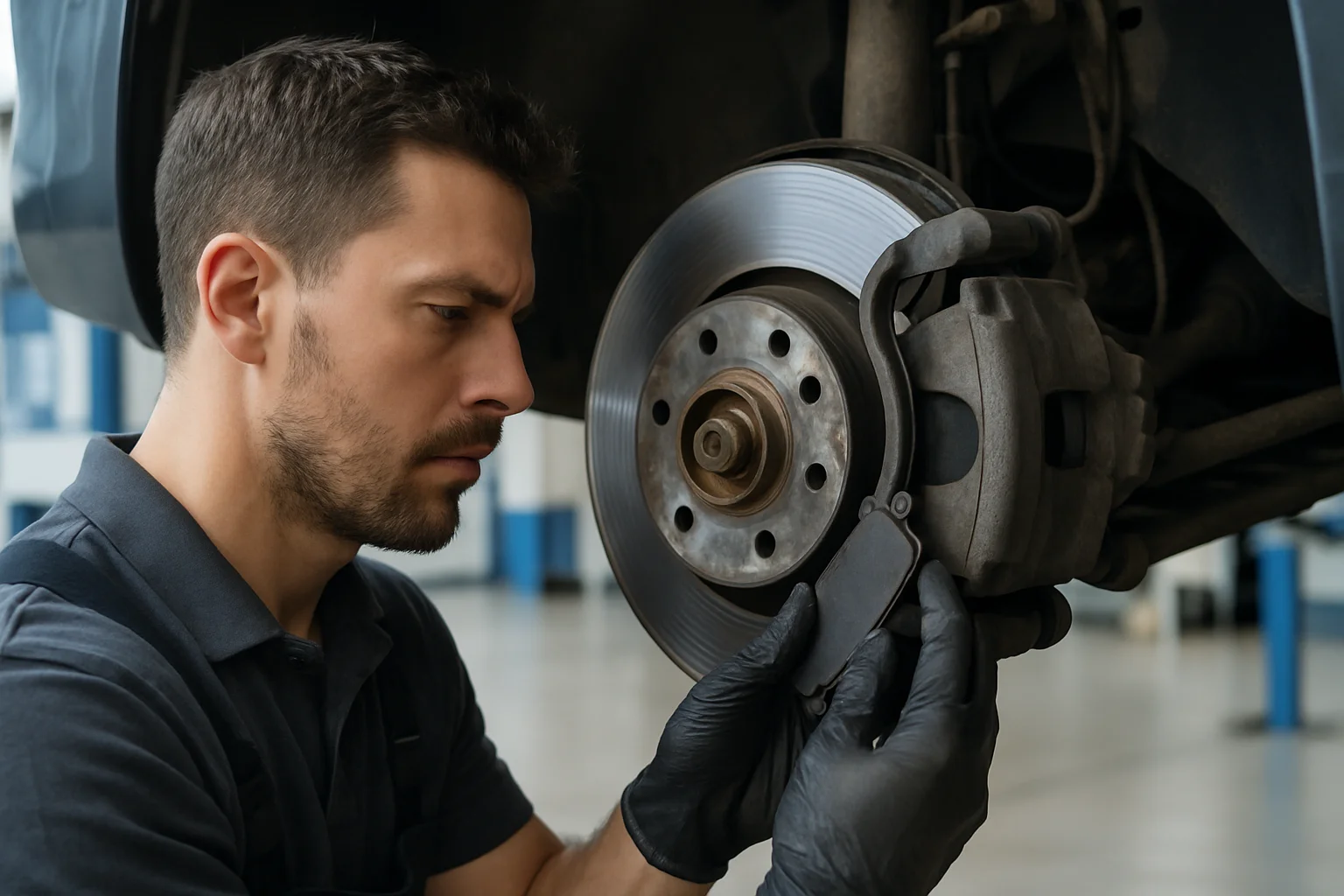 Mechanic inspecting brake pads and a brake disc on a passenger car