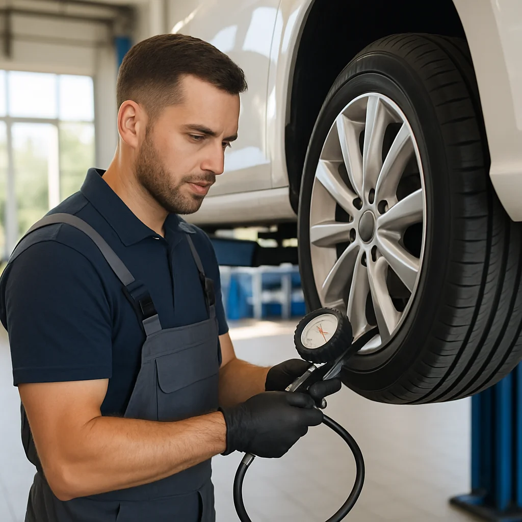 Mechanic checking tire pressure in a workshop