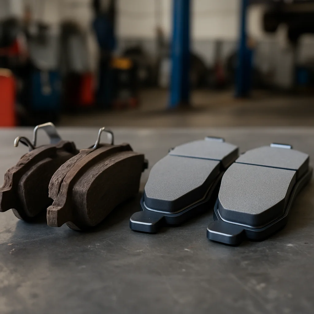 Comparison of worn and new brake pads on a workbench