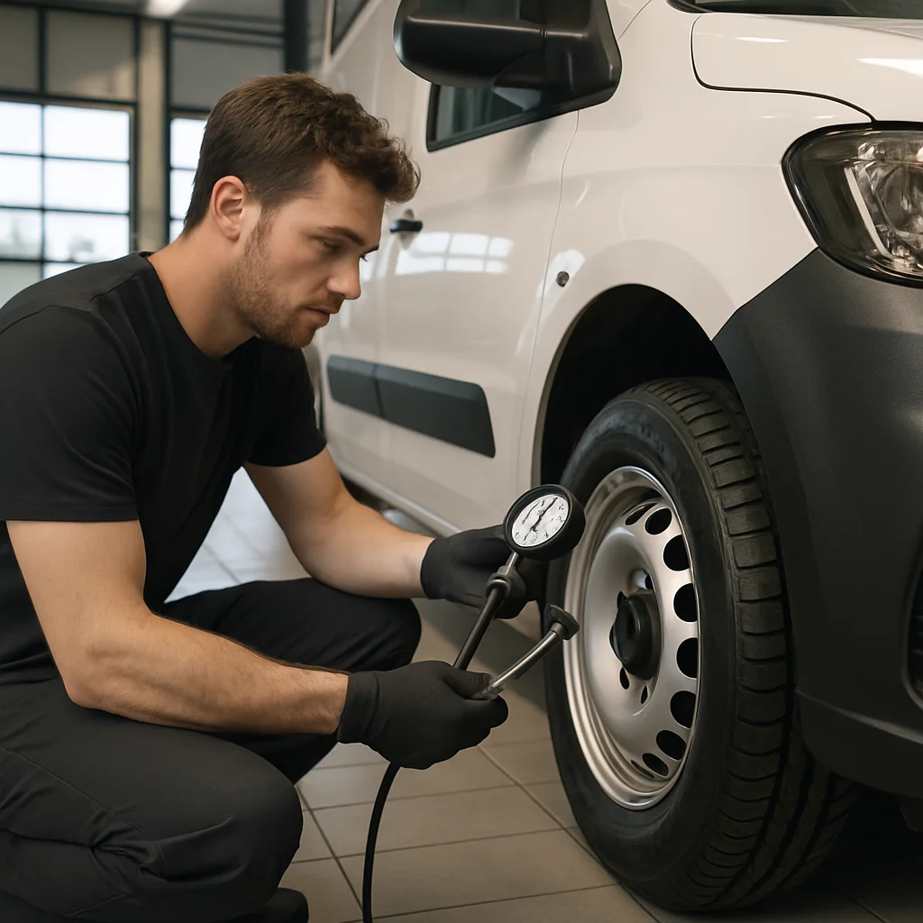 Tire technician checking tire pressure and tread depth on a light commercial vehicle
