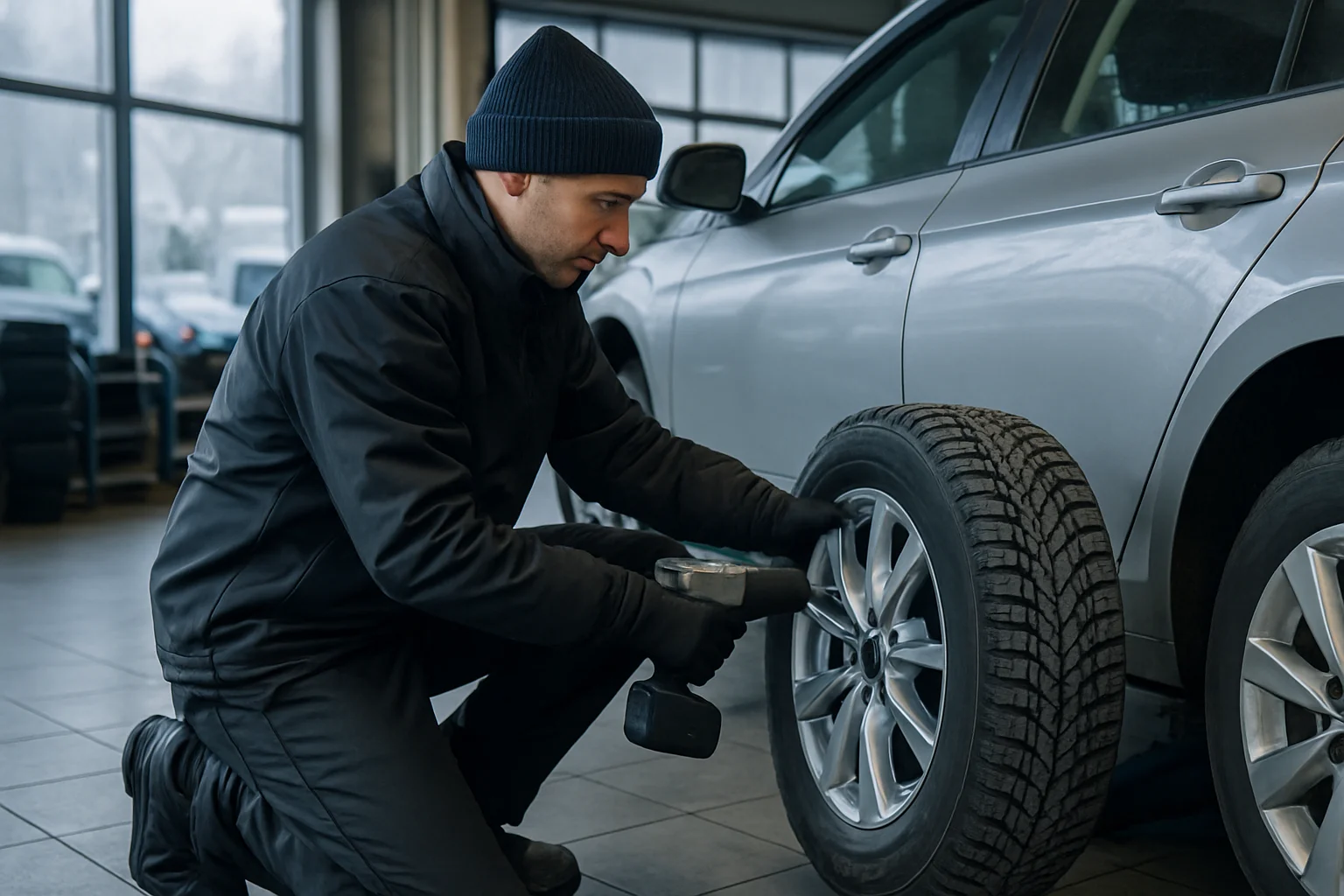 Tire technician in Ljubljana changing a winter tire on a passenger car